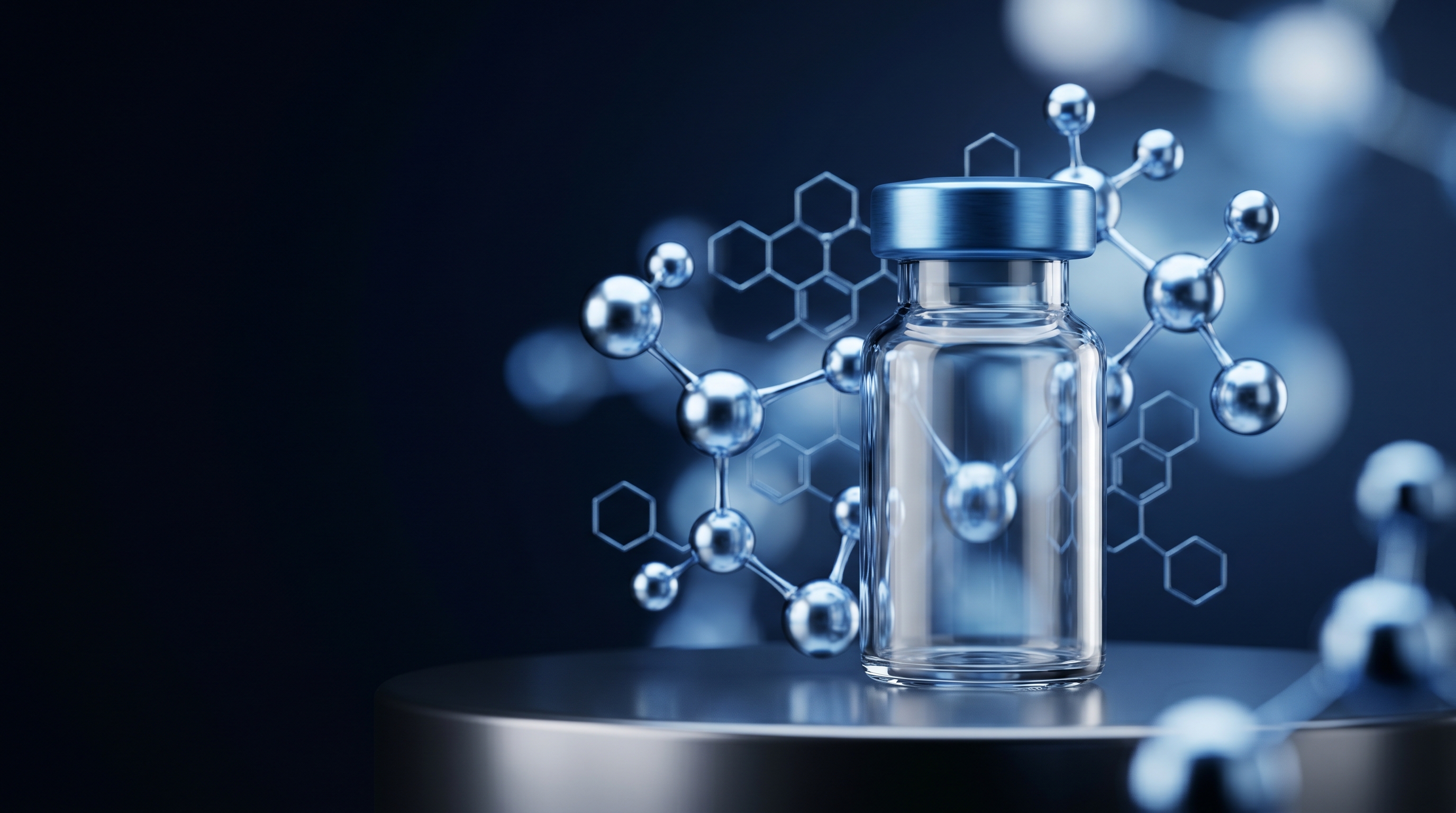A peptide vial surrounded by molecular structures
